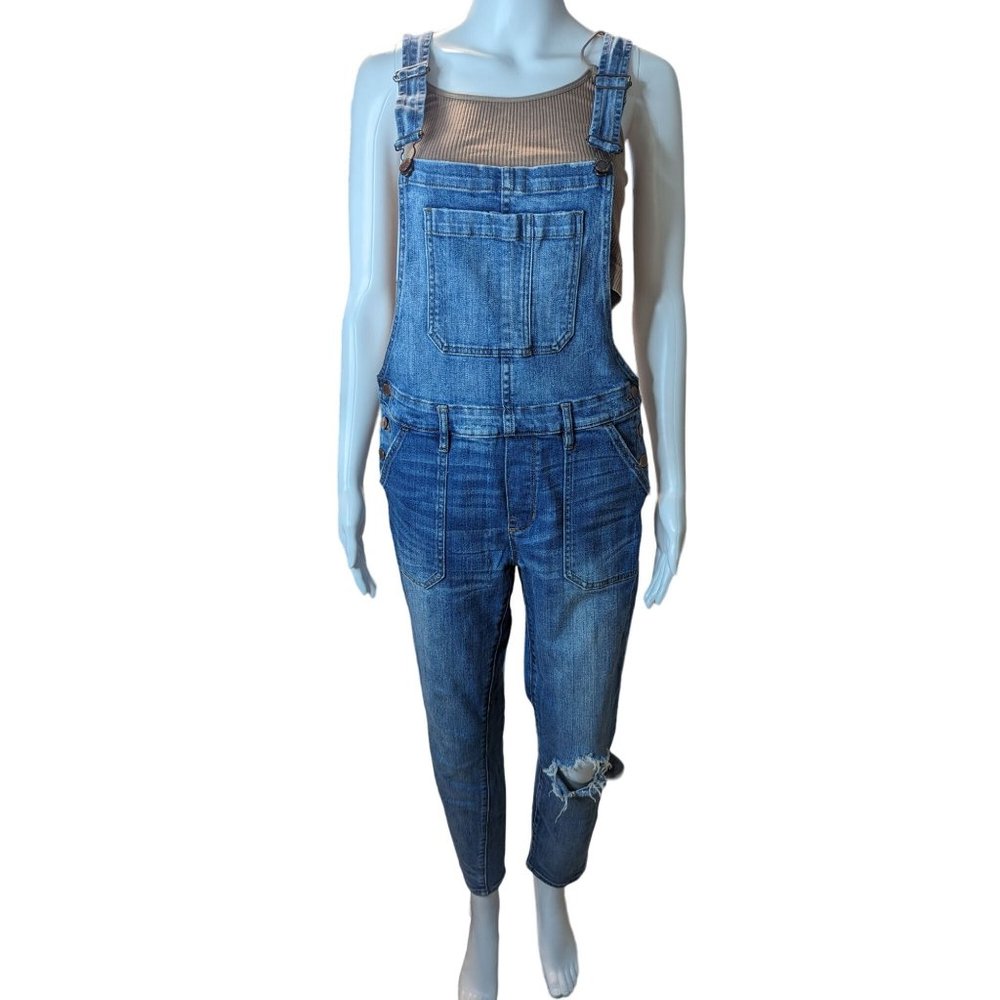 Bullhead Denim Co. Women's Distressed Bib Overalls Medium Wash Pockets Sz S